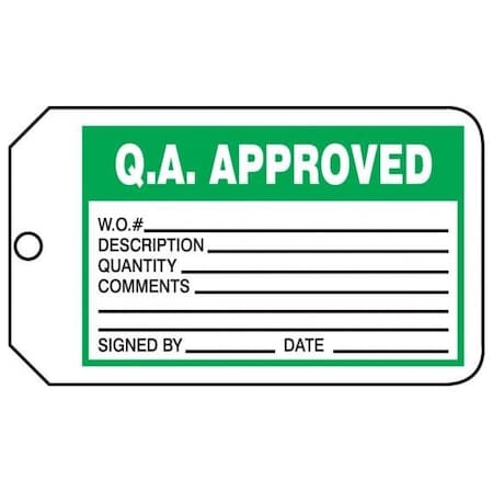 Accuform Safety Tags, Q.A. APPROVED, 5.75in x 3.25in, RP-Plastic, 5PK MMT324PTM